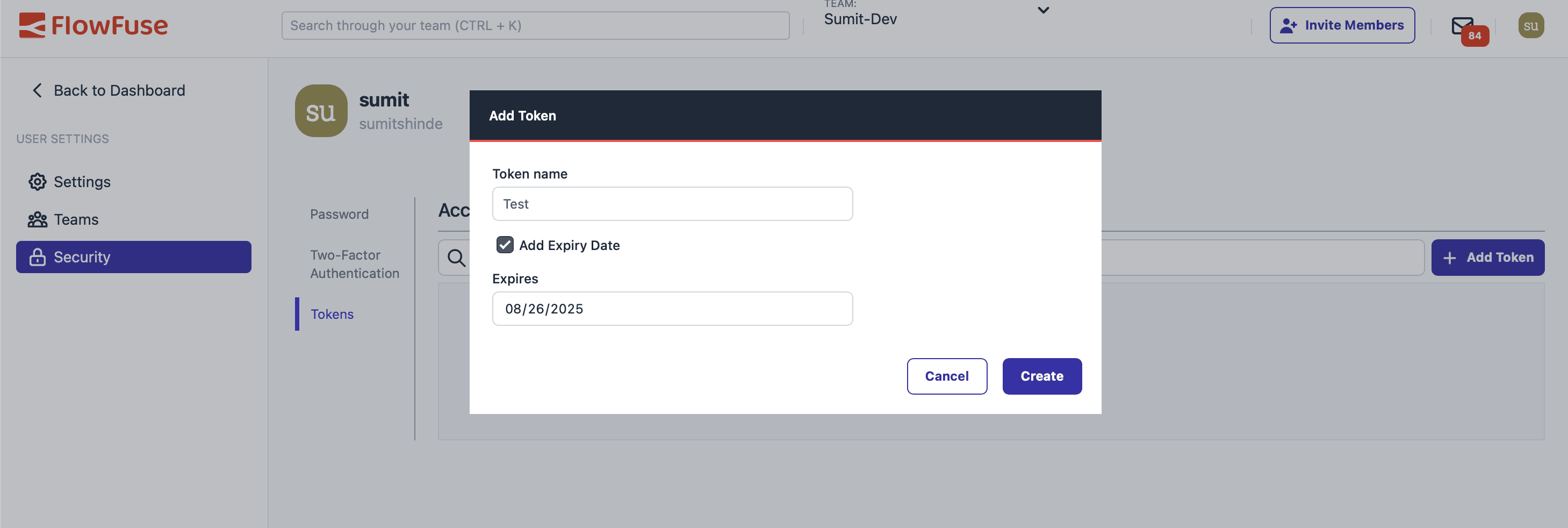 FlowFuse platform token creation form showing fields for token name, expiry date, and create button.